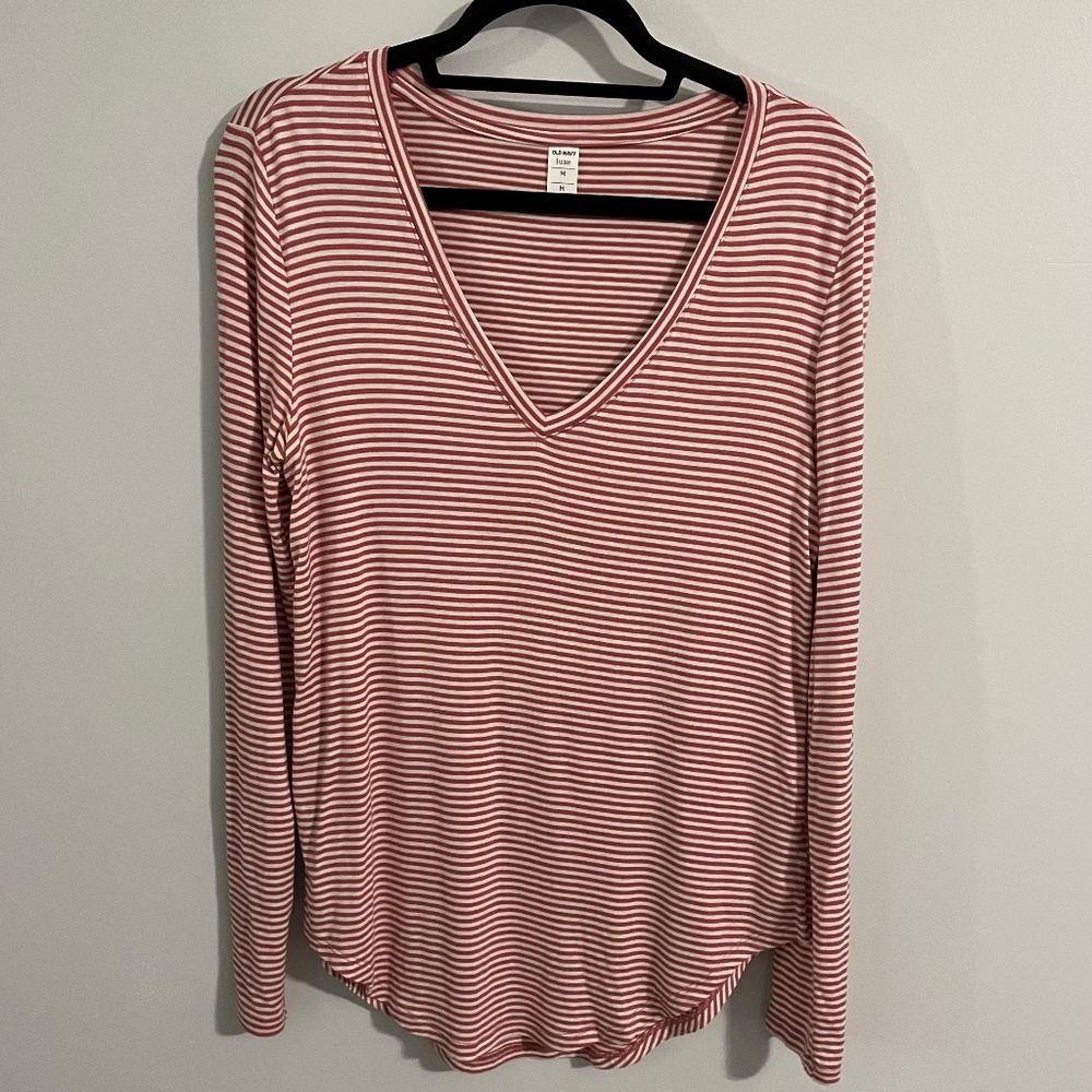 Old Navy Red and White Striped Long Sleeve V-Neck Tee